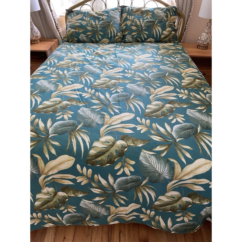 3-Piece Tommy Bahama Home Full/Queen Teal Tropical Floral Cotton Duvet Cover Set